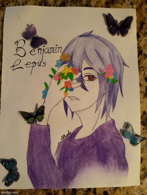 Benjamin Lepus (again). | image tagged in drawings,drawing,art,original character,flowers,butterflies | made w/ Imgflip meme maker