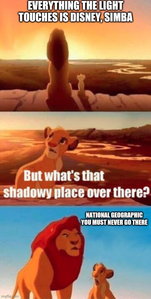 lion king light touches shadowy place kek | EVERYTHING THE LIGHT TOUCHES IS DISNEY, SIMBA; NATIONAL GEOGRAPHIC
YOU MUST NEVER GO THERE | image tagged in lion king light touches shadowy place kek | made w/ Imgflip meme maker