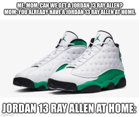 AJ 13 Lucky Green be like | ME: MOM, CAN WE GET A JORDAN 13 RAY ALLEN?
MOM: YOU ALREADY HAVE A JORDAN 13 RAY ALLEN AT HOME. JORDAN 13 RAY ALLEN AT HOME: | image tagged in hype,nike,jordan,sneakers,fashion,nba | made w/ Imgflip meme maker