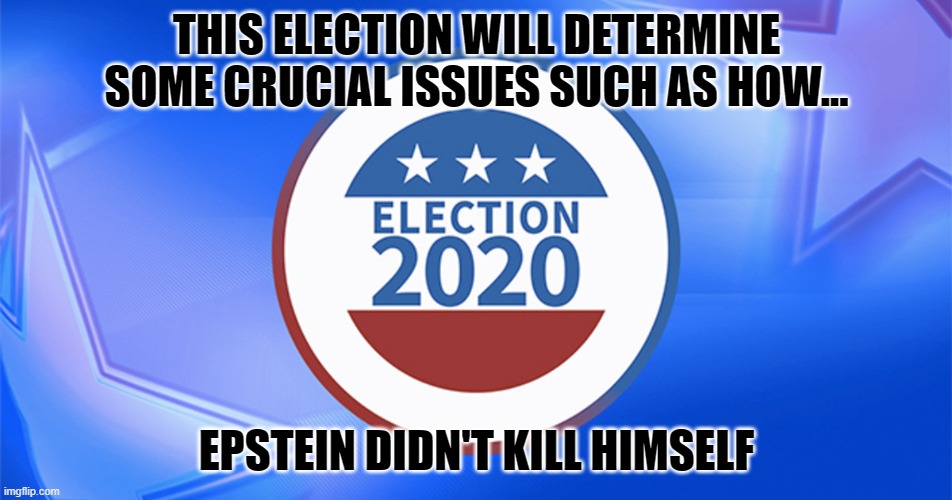 Epstein Election | THIS ELECTION WILL DETERMINE SOME CRUCIAL ISSUES SUCH AS HOW... EPSTEIN DIDN'T KILL HIMSELF | image tagged in election 2020,jeffrey epstein,pedophiles | made w/ Imgflip meme maker