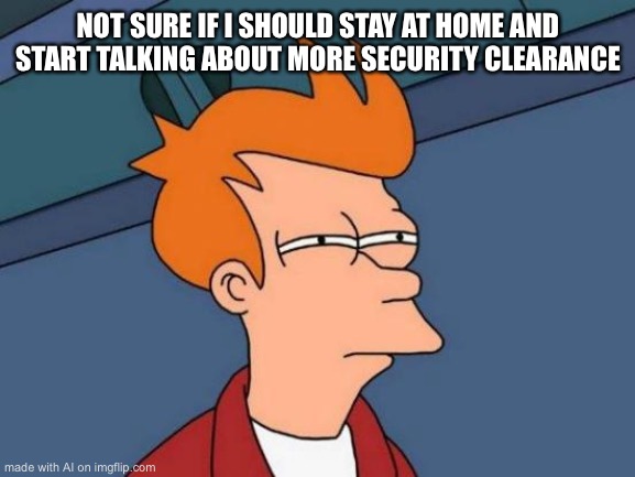 Ummmmm | NOT SURE IF I SHOULD STAY AT HOME AND START TALKING ABOUT MORE SECURITY CLEARANCE | image tagged in memes,futurama fry | made w/ Imgflip meme maker