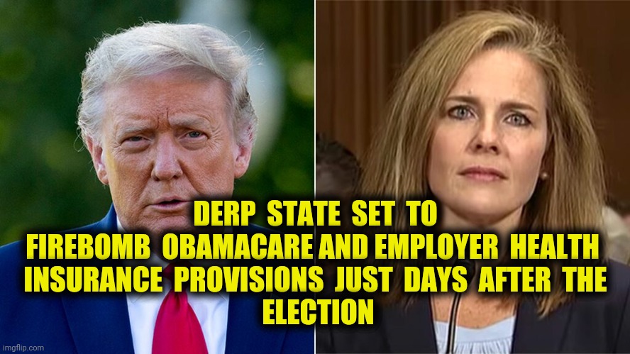 The ACA governs employer plans too | DERP  STATE  SET  TO FIREBOMB  OBAMACARE AND EMPLOYER  HEALTH 
 INSURANCE  PROVISIONS  JUST  DAYS  AFTER  THE 
 ELECTION | image tagged in trump pence 2020,affordable care act,obamacare,preexisting conditions,november 10,memes | made w/ Imgflip meme maker