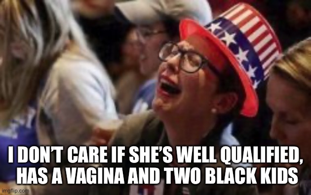 I DON’T CARE IF SHE’S WELL QUALIFIED,
 HAS A VAGINA AND TWO BLACK KIDS | made w/ Imgflip meme maker