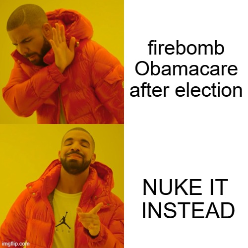 Drake Hotline Bling Meme | firebomb Obamacare after election NUKE IT 
INSTEAD | image tagged in memes,drake hotline bling | made w/ Imgflip meme maker