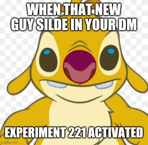 WHEN THAT NEW GUY SILDE IN YOUR DM; EXPERIMENT 221 ACTIVATED | image tagged in memes | made w/ Imgflip meme maker