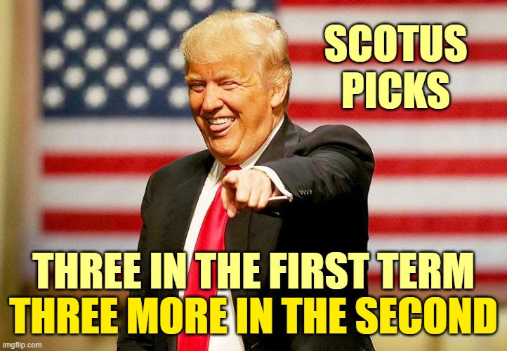 They'll call it the Trump Court for 45 years | THREE IN THE FIRST TERM THREE MORE IN THE SECOND SCOTUS
PICKS | image tagged in trump laughing,scotus,election 2020,maga | made w/ Imgflip meme maker