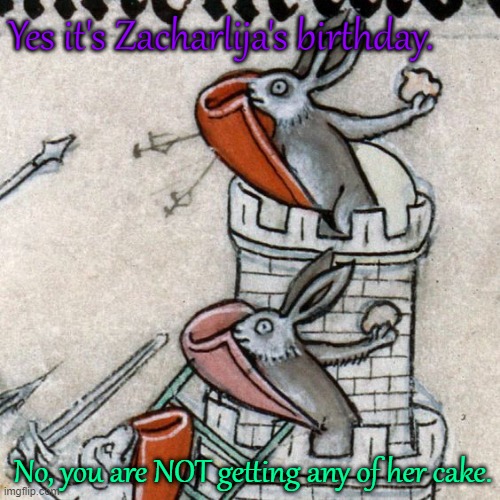 Medieval Rabbits | Yes it's Zacharlija's birthday. No, you are NOT getting any of her cake. | image tagged in medieval rabbits | made w/ Imgflip meme maker