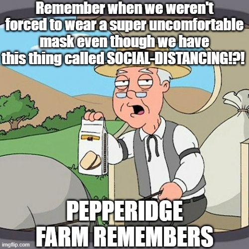 sorry if i got carried away with this one | Remember when we weren't forced to wear a super uncomfortable mask even though we have this thing called SOCIAL-DISTANCING!?! PEPPERIDGE FARM REMEMBERS | image tagged in memes,pepperidge farm remembers,coronavirus,face mask | made w/ Imgflip meme maker