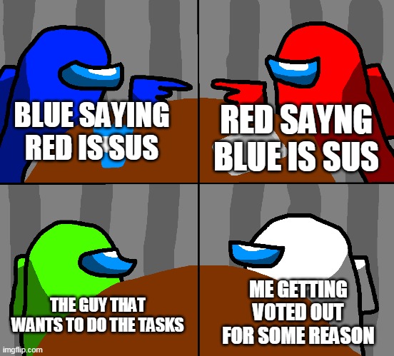 meme i made took a while | BLUE SAYING RED IS SUS; RED SAYNG BLUE IS SUS; ME GETTING VOTED OUT FOR SOME REASON; THE GUY THAT WANTS TO DO THE TASKS | image tagged in among us,among us meeting,there is 1 imposter among us,funny meme,spongebob ight imma head out | made w/ Imgflip meme maker