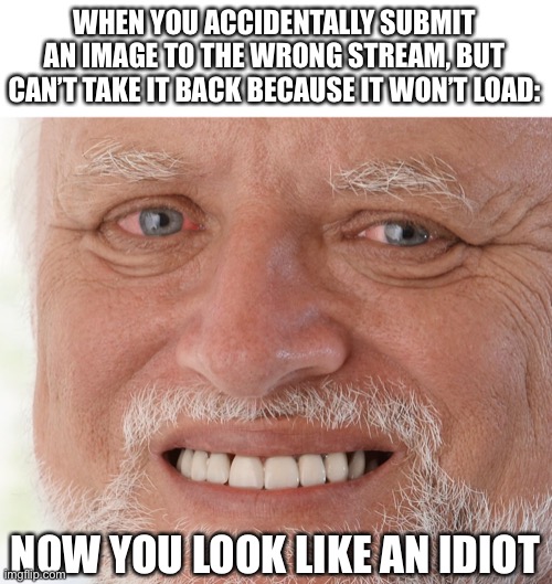 This actually happened when I meant to post the meme in Among us, but accidentally submitted it in rare insults. OOF | WHEN YOU ACCIDENTALLY SUBMIT AN IMAGE TO THE WRONG STREAM, BUT CAN’T TAKE IT BACK BECAUSE IT WON’T LOAD:; NOW YOU LOOK LIKE AN IDIOT | image tagged in hide the pain harold,oof,fail | made w/ Imgflip meme maker