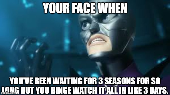 angry hawkmoth miraculous ladybug hawk moth | YOUR FACE WHEN; YOU'VE BEEN WAITING FOR 3 SEASONS FOR SO LONG BUT YOU BINGE WATCH IT ALL IN LIKE 3 DAYS. | image tagged in angry hawkmoth miraculous ladybug hawk moth | made w/ Imgflip meme maker