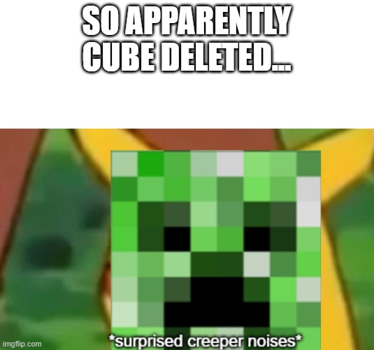 surprised creeper | SO APPARENTLY CUBE DELETED... | image tagged in surprised creeper | made w/ Imgflip meme maker