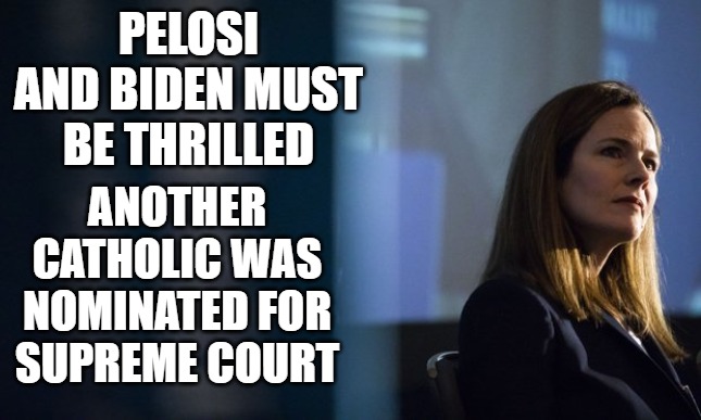 Amy | PELOSI AND BIDEN MUST BE THRILLED; ANOTHER CATHOLIC WAS NOMINATED FOR SUPREME COURT | image tagged in amy,supreme court,amy barrett,pelosi,biden | made w/ Imgflip meme maker