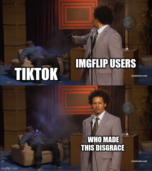 who likes tiktok | IMGFLIP USERS; TIKTOK; WHO MADE THIS DISGRACE | image tagged in memes,who killed hannibal | made w/ Imgflip meme maker