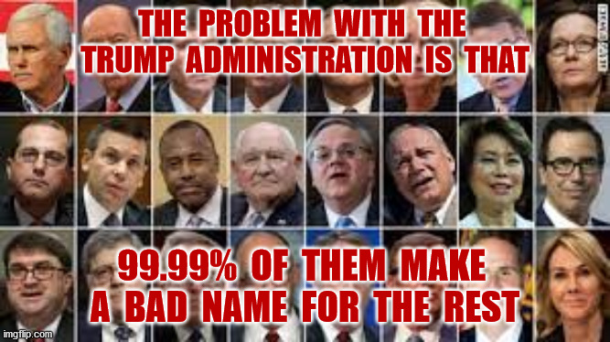 Sad but true |  THE  PROBLEM  WITH  THE  TRUMP  ADMINISTRATION  IS  THAT; 99.99%  OF  THEM  MAKE  A  BAD  NAME  FOR  THE  REST | image tagged in trump pence 2020,russia,crimimals,scandals,conflicts of interest,funny memes | made w/ Imgflip meme maker