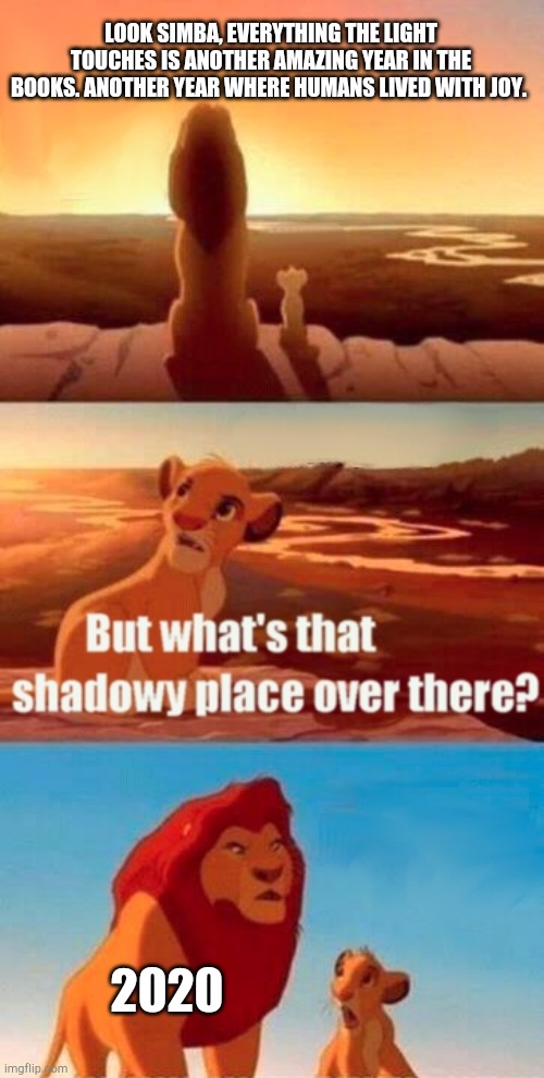 2020 the joy killer | LOOK SIMBA, EVERYTHING THE LIGHT TOUCHES IS ANOTHER AMAZING YEAR IN THE BOOKS. ANOTHER YEAR WHERE HUMANS LIVED WITH JOY. 2020 | image tagged in memes,simba shadowy place,2020,2020 sucks | made w/ Imgflip meme maker
