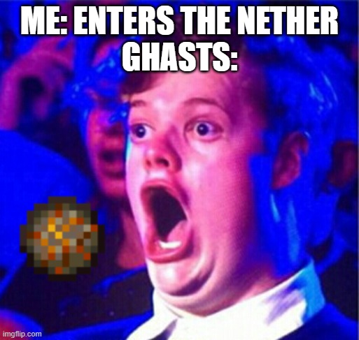 The annoying ghosts | ME: ENTERS THE NETHER
GHASTS: | image tagged in gay boy open mouth,minecraft,memes | made w/ Imgflip meme maker