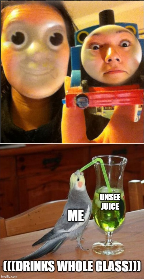WHY | UNSEE JUICE; ME; (((DRINKS WHOLE GLASS))) | image tagged in bird drinking green juice,creepy train face | made w/ Imgflip meme maker