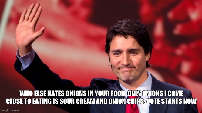 Justin Trudeau Hand Up | WHO ELSE HATES ONIONS IN YOUR FOOD. ONLY ONIONS I COME CLOSE TO EATING IS SOUR CREAM AND ONION CHIPS. VOTE STARTS NOW | image tagged in justin trudeau hand up,onions,vote,show me the money,this onion won't make me cry | made w/ Imgflip meme maker
