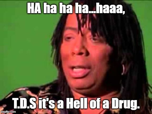 Rick James | HA ha ha ha...haaa, T.D.S it's a Hell of a Drug. | image tagged in rick james | made w/ Imgflip meme maker