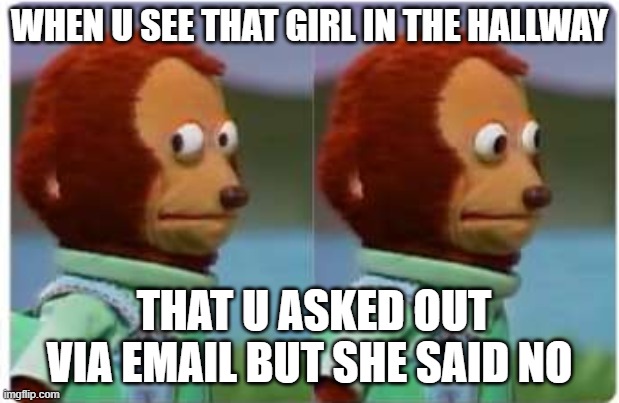 WHEN U SEE THAT GIRL IN THE HALLWAY; THAT U ASKED OUT VIA EMAIL BUT SHE SAID NO | made w/ Imgflip meme maker