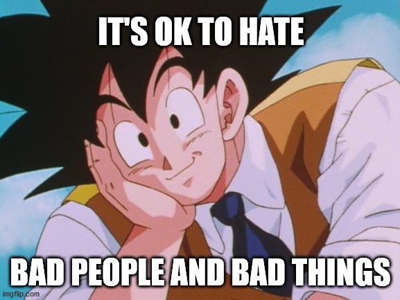 Hate is a natural emotion | IT'S OK TO HATE; BAD PEOPLE AND BAD THINGS | image tagged in memes,condescending goku,politics,hate crime,hate speech | made w/ Imgflip meme maker