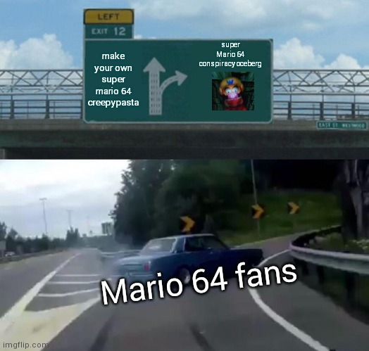 Also forgot to submit | super Mario 64 conspiracy oceberg; make your own super mario 64 creepypasta; Mario 64 fans | image tagged in memes,left exit 12 off ramp | made w/ Imgflip meme maker