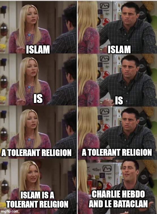 Friends Joey teached the polically correct | ISLAM; ISLAM; IS; IS; A TOLERANT RELIGION; A TOLERANT RELIGION; CHARLIE HEBDO AND LE BATACLAN; ISLAM IS A TOLERANT RELIGION | image tagged in friends joey teached french,islamic terrorism,france | made w/ Imgflip meme maker