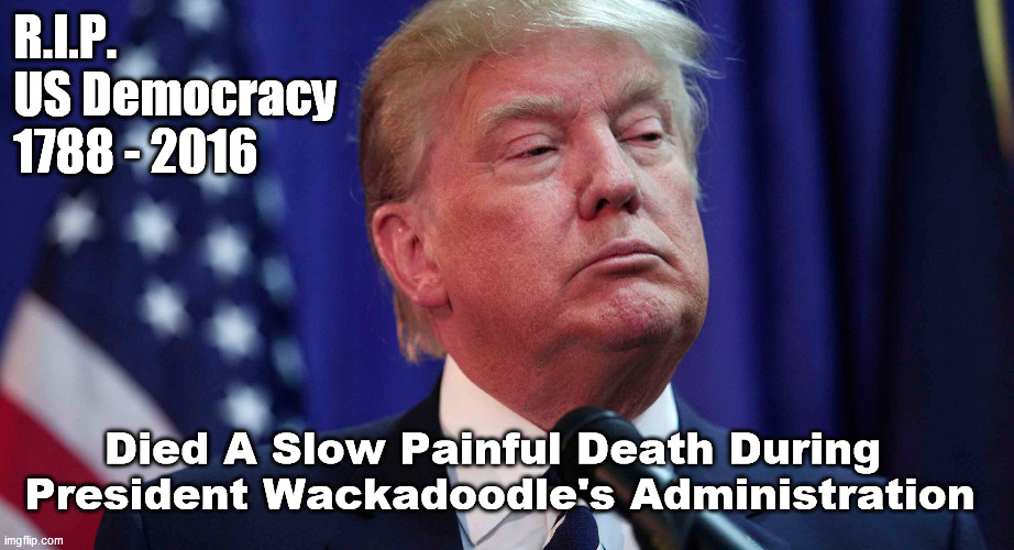 R.I.P. US Democracy 1788 - 2016 | R.I.P.
US Democracy 
1788 - 2016; Died A Slow Painful Death During 
President Wackadoodle's Administration | image tagged in trump,president wackadoodle | made w/ Imgflip meme maker