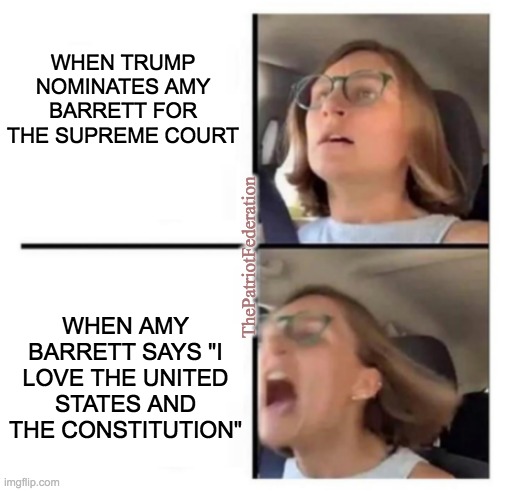 Triggered Liberal Lunatic | WHEN TRUMP NOMINATES AMY BARRETT FOR THE SUPREME COURT; WHEN AMY BARRETT SAYS "I LOVE THE UNITED STATES AND THE CONSTITUTION"; ThePatriotFederation | image tagged in trump derangement syndrome,triggered liberal,amy coney barrett | made w/ Imgflip meme maker