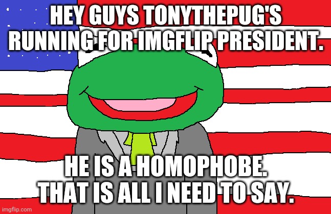 Kermit running for President | HEY GUYS TONYTHEPUG'S RUNNING FOR IMGFLIP PRESIDENT. HE IS A HOMOPHOBE. THAT IS ALL I NEED TO SAY. | image tagged in kermit running for president,thx for reading these btw | made w/ Imgflip meme maker