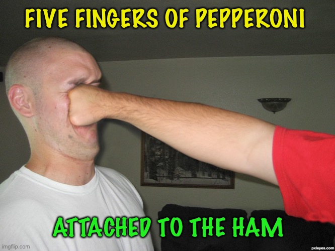 Face punch | FIVE FINGERS OF PEPPERONI ATTACHED TO THE HAM | image tagged in face punch | made w/ Imgflip meme maker