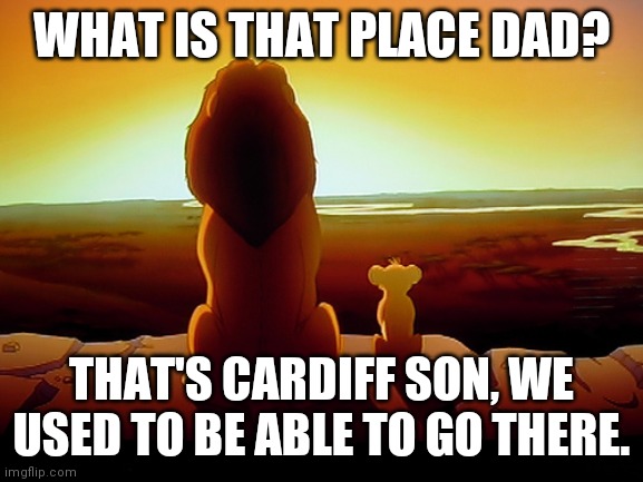 Cardiff lockdown | WHAT IS THAT PLACE DAD? THAT'S CARDIFF SON, WE USED TO BE ABLE TO GO THERE. | image tagged in lion king,cardiff,coronavirus meme,corona,lockdown,covid | made w/ Imgflip meme maker