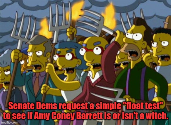 Witch Hunt Mob | Senate Dems request a simple "float test" to see if Amy Coney Barrett is or isn't a witch. | image tagged in witch hunt mob | made w/ Imgflip meme maker