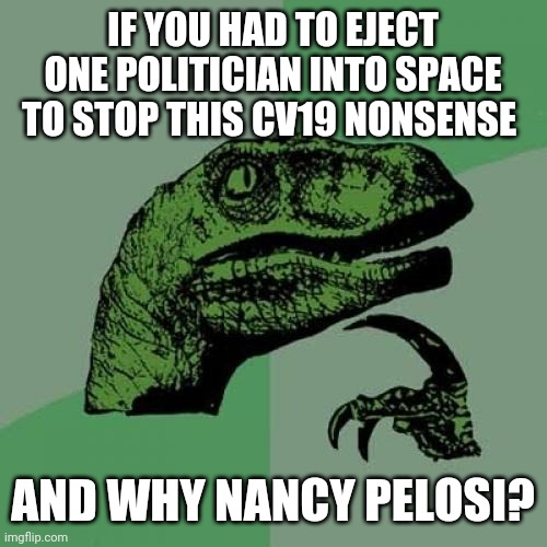 Politics and stuff | IF YOU HAD TO EJECT ONE POLITICIAN INTO SPACE TO STOP THIS CV19 NONSENSE; AND WHY NANCY PELOSI? | image tagged in memes,philosoraptor | made w/ Imgflip meme maker