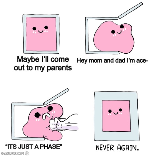 This was almost a year ago, still hurts, and I’m even trans.... (didn’t tell them) | Hey mom and dad I’m ace-; Maybe I’ll come out to my parents; “ITS JUST A PHASE” | image tagged in pink slime punch box never again | made w/ Imgflip meme maker