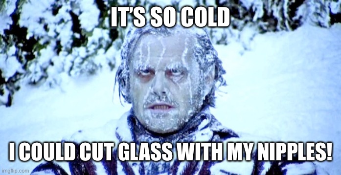 Cold | IT’S SO COLD; I COULD CUT GLASS WITH MY NIPPLES! | image tagged in cold weather,funny | made w/ Imgflip meme maker