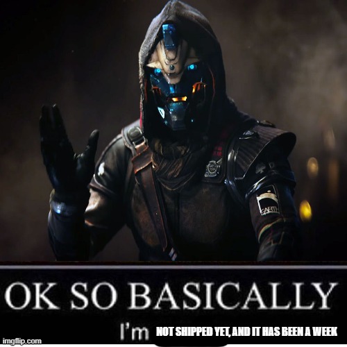 please help, someone | NOT SHIPPED YET, AND IT HAS BEEN A WEEK | image tagged in cayde-6,destiny 2 | made w/ Imgflip meme maker