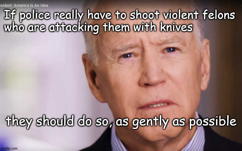 biden loosign it | If police really have to shoot violent felons 
who are attacking them with knives; they should do so, as gently as possible | image tagged in politics | made w/ Imgflip meme maker