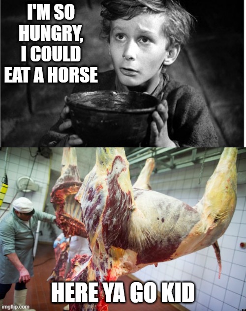 Careful What You Ask For | I'M SO HUNGRY, I COULD EAT A HORSE; HERE YA GO KID | image tagged in so hungry | made w/ Imgflip meme maker