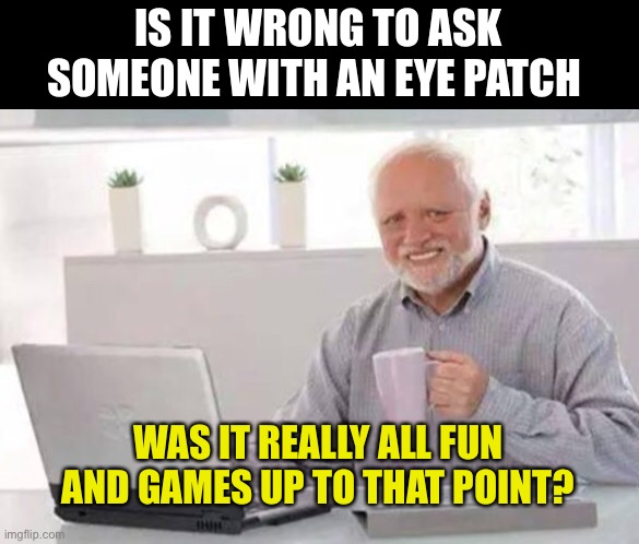 Harold | IS IT WRONG TO ASK SOMEONE WITH AN EYE PATCH; WAS IT REALLY ALL FUN AND GAMES UP TO THAT POINT? | image tagged in harold | made w/ Imgflip meme maker