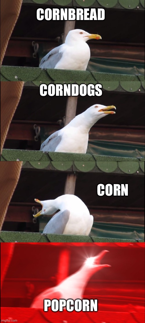 CoRn | CORNBREAD; CORNDOGS; CORN; POPCORN | image tagged in memes,inhaling seagull | made w/ Imgflip meme maker