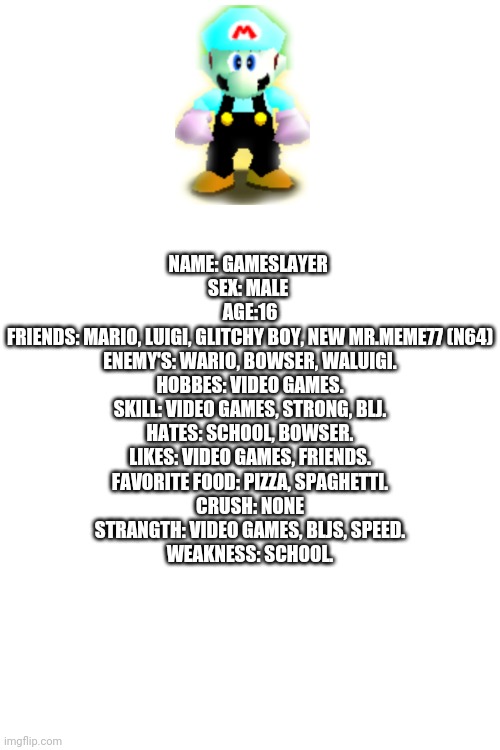 Blank White Template | NAME: GAMESLAYER 
SEX: MALE 
AGE:16
FRIENDS: MARIO, LUIGI, GLITCHY BOY, NEW MR.MEME77 (N64)
ENEMY'S: WARIO, BOWSER, WALUIGI.
HOBBES: VIDEO GAMES.
SKILL: VIDEO GAMES, STRONG, BLJ.
HATES: SCHOOL, BOWSER.
LIKES: VIDEO GAMES, FRIENDS.
FAVORITE FOOD: PIZZA, SPAGHETTI.
CRUSH: NONE
STRANGTH: VIDEO GAMES, BLJS, SPEED.
WEAKNESS: SCHOOL. | image tagged in blank white template,memes,mario | made w/ Imgflip meme maker