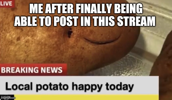 Finally.  I can post on this wonderful stream | ME AFTER FINALLY BEING ABLE TO POST IN THIS STREAM | image tagged in local potato happy today | made w/ Imgflip meme maker