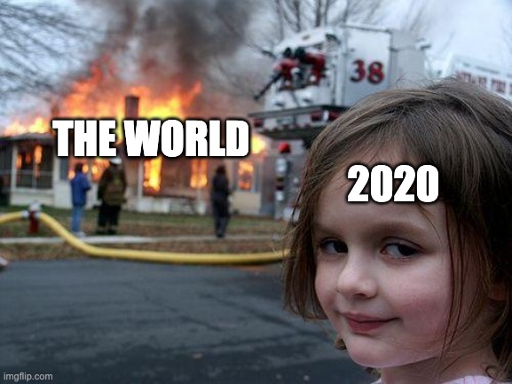 Disaster Girl | 2020; THE WORLD | image tagged in memes,disaster girl | made w/ Imgflip meme maker