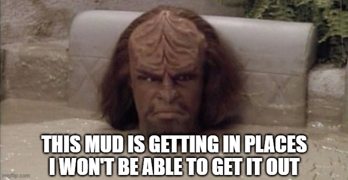 So That's Why He Was Grumpy... | THIS MUD IS GETTING IN PLACES I WON'T BE ABLE TO GET IT OUT | image tagged in worf is not amused | made w/ Imgflip meme maker