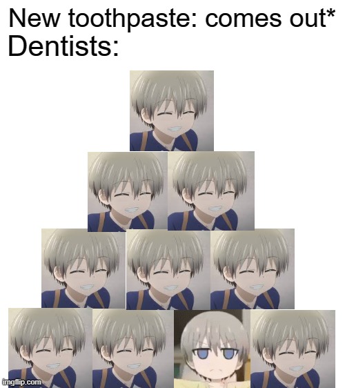 That dentist: No. | New toothpaste: comes out*; Dentists: | image tagged in blank white template,dentists,animeme,memes,bruh,anime | made w/ Imgflip meme maker