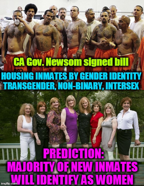 Law Requires Officers to Address Transgenders With Pronouns of Their Choice | CA Gov. Newsom signed bill; HOUSING INMATES BY GENDER IDENTITY 
TRANSGENDER, NON-BINARY, INTERSEX; PREDICTION: MAJORITY OF NEW INMATES 
WILL IDENTIFY AS WOMEN | image tagged in politics,political meme,democrat party,democratic socialism,transgender,hotel california | made w/ Imgflip meme maker