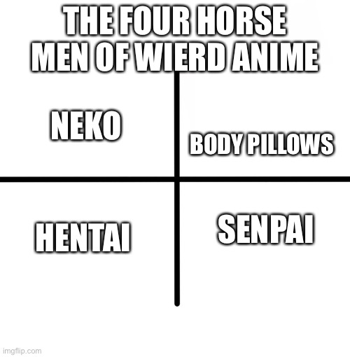 Comment if you agree to any of them | THE FOUR HORSE MEN OF WIERD ANIME; BODY PILLOWS; NEKO; SENPAI; HENTAI | image tagged in memes,anime,neko,body pillows,hentai,senpai | made w/ Imgflip meme maker