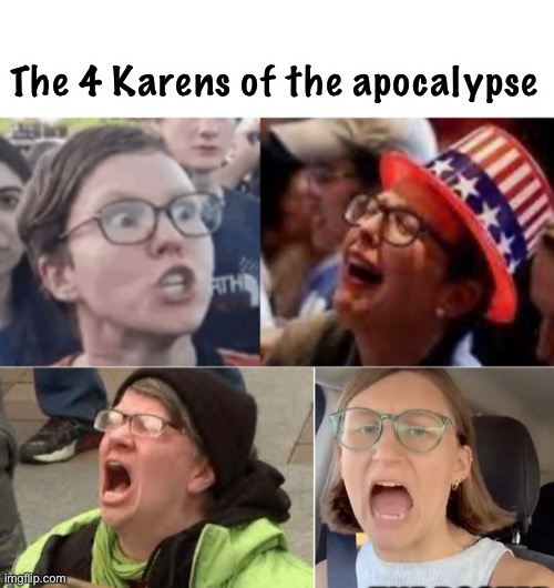 Emotional, ain’t we | The 4 Karens of the apocalypse | image tagged in liberal logic,karen,protesters,leftists,sonic derp | made w/ Imgflip meme maker